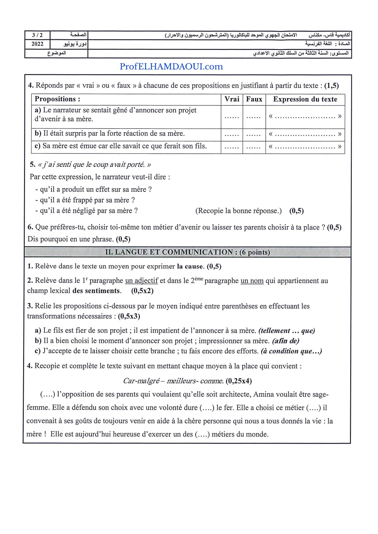 Sujet de l'examen