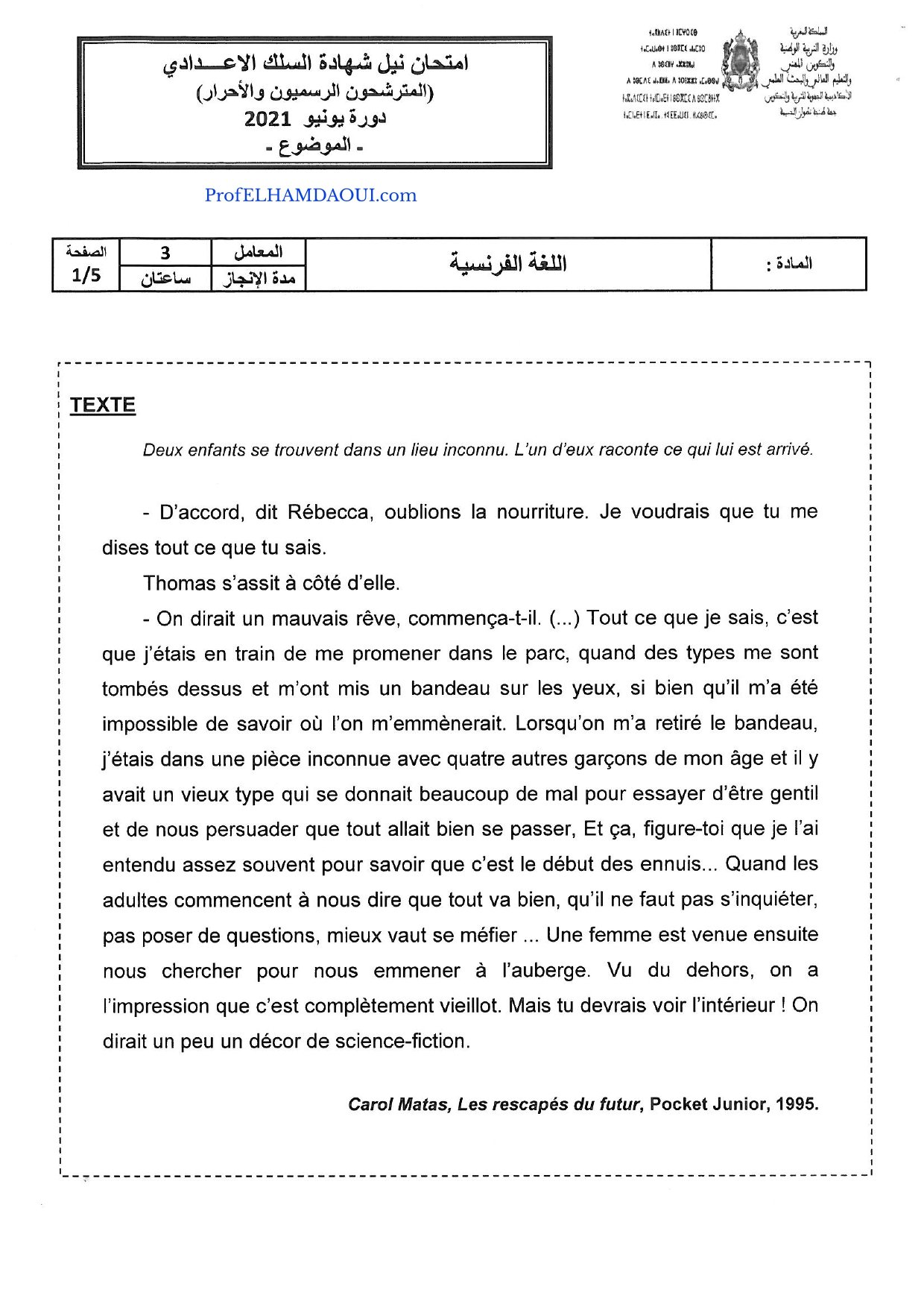 Sujet de l'examen